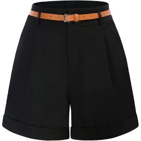 Belle Poque Women Bermuda Shorts Elastic Waist Wide Leg Shorts with Pockets & Belts