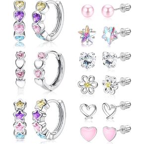THUNARAZ Hypoallergenic Earrings for Girls Women Surgical Stainless Steel Earrings Set for Sensitive Ears Screw Back Stud Earrings Kids Toddler Cute Heart Hoop Earrings Jewelry Gift for Teen Girls