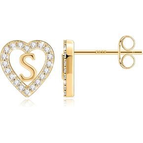 Anoup Heart Initial Stud Earrings - Gifts for Girls, Sterling Silver Post 14K Gold Plated All Over Hypoallergenic | CZ Simulated Diamond Stud Earrings | Birthday Gifts for Girls Kids Toddlers