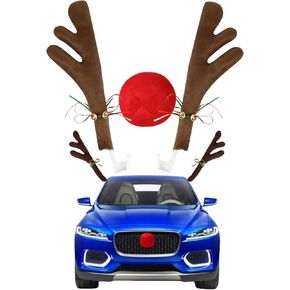 Car Christmas Decoration, Car Reindeer Antlers and Nose Set, Brown Christmas Reindeer Car Costume Christmas Antlers for Truck SUV Car Decor,Xmas Gift Set