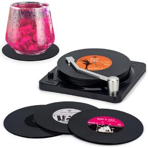 Valdivia Funny Retro Vinyl Record Coasters with Player, 6 Pcs Music Coasters for Drinks, Bars, Party, Birthday Gifts for Music Lovers, Home Decor Housewarming and White Elephant Gifts Ideas