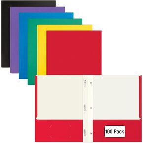 Better Office Products Letter Size Paper Portfolios, Case of 100, Assorted Primary Colors, with Fasteners (Assorted, 2 Pocket Paper Folders)