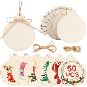 50Pcs Wood Slice Ornaments, 3.5" Blank Wooden Christmas Ornaments to Paint, Unfinished Predrilled Wood Circles for Crafts with Buffalo Plaid Bows and Beads, DIY Round Wooden Discs Hanging Decor