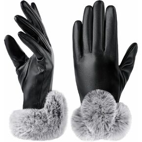 Gloves for Women - Leather Gloves Womens Gloves Winter Black Windproof Touch Screen Gloves PU Soft Plush