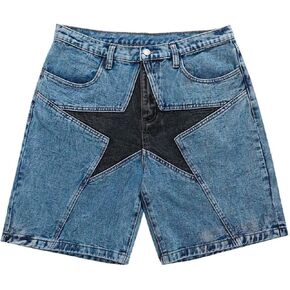 Vamtac Mens Star Denim Shorts Baggy Jeans Casual Summer Shorts Streetwear 90s Patchwork Jeans Shorts Unisex