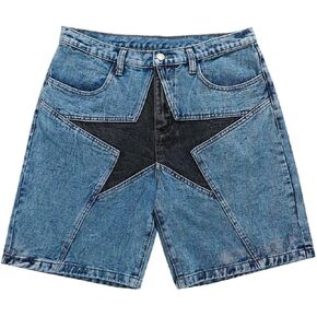 Vamtac Mens Patchwork Denim Shorts Straight Leg Star Jeans Unisex Steetwear Y2K Hip Hop Jorts for Men and Women