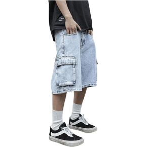 OYOANGLE Men's Denim Cargo Shorts Zipper Fly Bermuda Jean Shorts Y2k Hip Hop Long Jorts Streetwear
