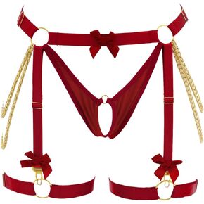 Kaei&Shi Women Bow Lingerie Thong, Garter Belt Thigh Highs Set