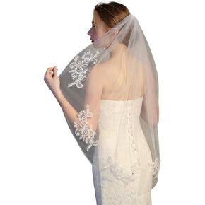 2 Tiers Bride Wedding Veil White Veil Bridal Bridal Tulle Wedding Veil with Flower Lace Edge and Comb (A-white)