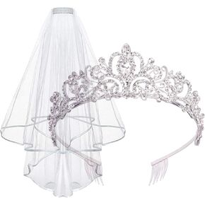 Didder Tiara and Lace Bridal Veil, Crown Wedding Veils and Headpieces for Women, White Veils for Brides Tiaras for Women Bachelorette Veil Ribbon Edge With Comb for Wedding Party