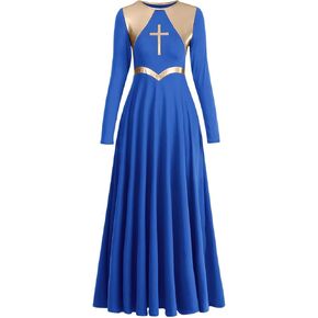 Women Metallic Cross Liturgical Praise Dance Dress Lyrical Dancewear Color Block Full Length Robe Worship Costume