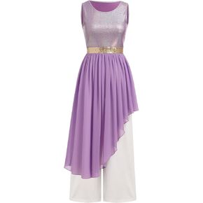 IBAKOM Praise Dance Dress Women Worship Overlay and Tunic Baggy Pant Metallic Lyrical Dance Costume Liturgical Dancewear
