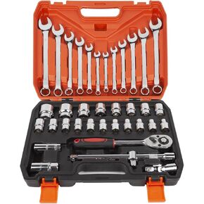 ICOOL 37pcs 1/2 Inch Drive Socket Set, 6 Pt. Ratchet Socket Wrench Set with Reversible Pear Head Ratchet, Extension Bar, CR-V Sockets for Home or Automobile Maintenance
