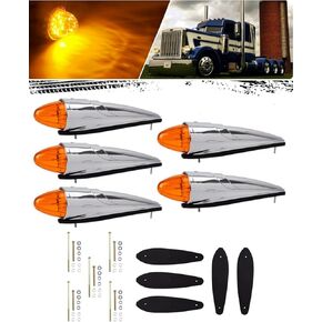 5Pcs Cab Marker Roof Running Amber Torpedo Top Lights Assembly Super Bright LED Chrome Heavy Duty Compatible with International Kenworth/Peterbilt/Freightliner/Mack Trucks