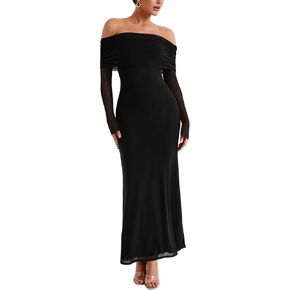 REORIA Women Off Shoulder Long Sleeve Dress Elegant Sexy Stretch Mesh Double Lined Slim Trendy Long Dresses