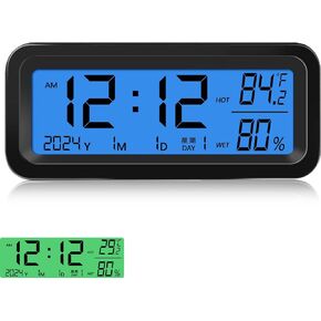 Car Dashboard Clock with Automatic Backlight at Night(Green & Blue), Temperature and Humidity Monitor, 12/24 Hour Format Time, Calendar, Solar Power and Type C Cable Charging for Car Truck