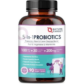 NATURE TARGET Probiotics for Women-Men-Kids Digestive Health, Prebiotics and Probiotics for Women, 100 Billion for Gut and Immune Health, No Refrigeration, 90 Veggie Capsules (45 Days Supply)
