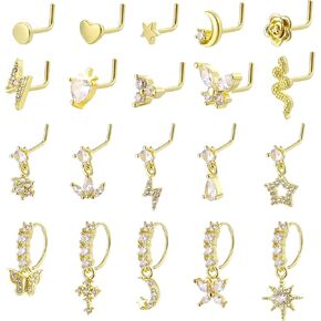 14K Gold Hypoallergenic Filled Nose Studs Rings Set for Women, L Shaped Hypoallergenic Stainless Steel Nose Rings Studs Hoops Piercings Kit Women Body Jewelry