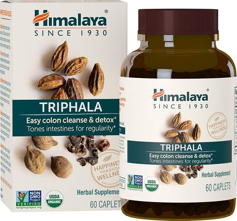 Himalaya Organic Triphala, 2 Month Supply, for Colon Cleanse, Detox & Occasional Constipation, USDA Certified Organic, Non-GMO, Gluten-Free, Extract & Powder Herbal Supplement, 688 mg, 60 Caplets in Kuwait