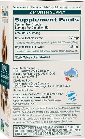 Himalaya Organic Triphala, 2 Month Supply, for Colon Cleanse, Detox & Occasional Constipation, USDA Certified Organic, Non-GMO, Gluten-Free, Extract & Powder Herbal Supplement, 688 mg, 60 Caplets in Kuwait
