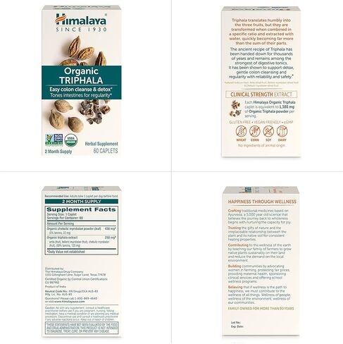 Himalaya Organic Triphala, 2 Month Supply, for Colon Cleanse, Detox & Occasional Constipation, USDA Certified Organic, Non-GMO, Gluten-Free, Extract & Powder Herbal Supplement, 688 mg, 60 Caplets in Kuwait