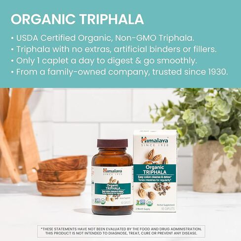 Himalaya Organic Triphala, 2 Month Supply, for Colon Cleanse, Detox & Occasional Constipation, USDA Certified Organic, Non-GMO, Gluten-Free, Extract & Powder Herbal Supplement, 688 mg, 60 Caplets in Kuwait