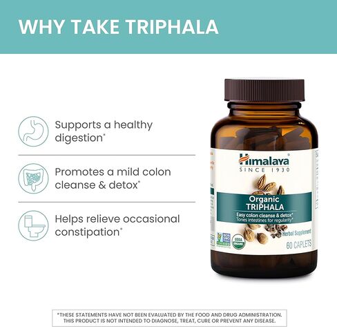 Himalaya Organic Triphala, 2 Month Supply, for Colon Cleanse, Detox & Occasional Constipation, USDA Certified Organic, Non-GMO, Gluten-Free, Extract & Powder Herbal Supplement, 688 mg, 60 Caplets in Kuwait
