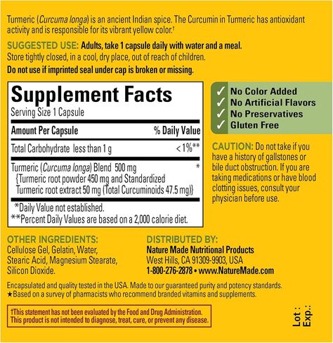 Nature Made Turmeric Curcumin 500 mg, Herbal Supplement for Antioxidant Support, 60 Capsules, 60 Day Supply in Kuwait