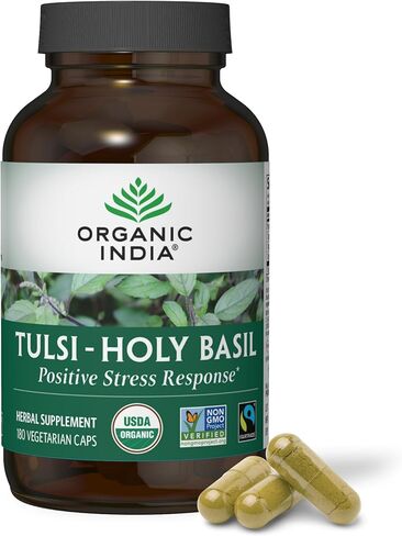 Organic India Tulsi Holy Basil Capsules - Holy Basil Extract - Holy Basil Leaf Supplement, Herbal Supplement, Immune Support, Stress Relief, Vegan, Gluten-Free, Kosher, Organic, Non-GMO - 180 Capsules in Kuwait
