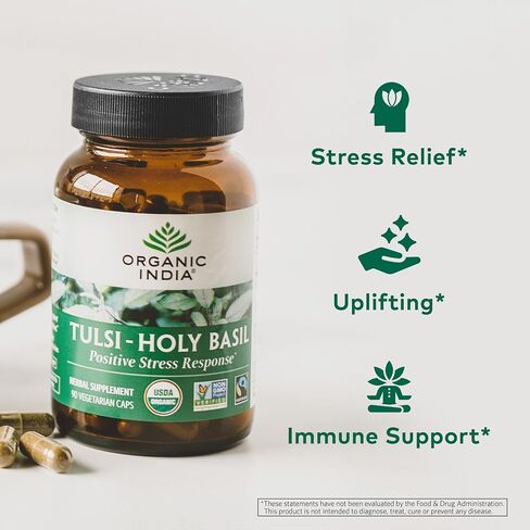 Organic India Tulsi Holy Basil Capsules - Holy Basil Extract - Holy Basil Leaf Supplement, Herbal Supplement, Immune Support, Stress Relief, Vegan, Gluten-Free, Kosher, Organic, Non-GMO - 180 Capsules in Kuwait