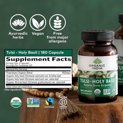Organic India Tulsi Holy Basil Capsules - Holy Basil Extract - Holy Basil Leaf Supplement, Herbal Supplement, Immune Support, Stress Relief, Vegan, Gluten-Free, Kosher, Organic, Non-GMO - 180 Capsules in Kuwait