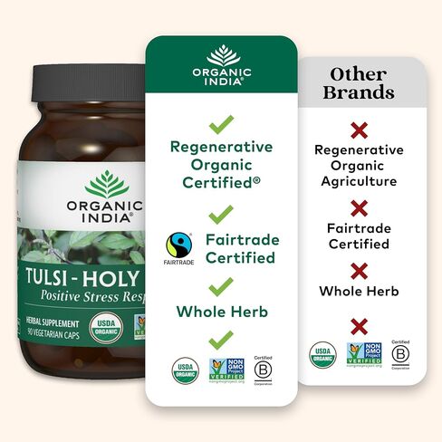 Organic India Tulsi Holy Basil Capsules - Holy Basil Extract - Holy Basil Leaf Supplement, Herbal Supplement, Immune Support, Stress Relief, Vegan, Gluten-Free, Kosher, Organic, Non-GMO - 180 Capsules in Kuwait