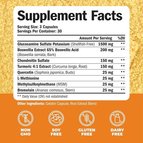 Glucosamine Chondroitin MSM and Turmeric Supplement - Joint Support Supplement for Women & Men with Boswellia & Glucosamine Sulfate 1500 mg. Used for Cartilage & Joint Health & Flexibility 90 Capsules in Kuwait