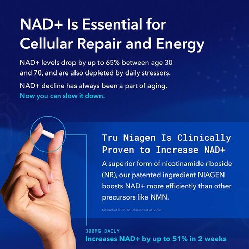 مكمل TRU NIAGEN الحاصل على براءة اختراع NAD+ لمكافحة الشيخوخة وتجديد الخلايا، 300 مجم Niagen، 30 وجبة | يدعم الطاقة الخلوية والدماغ والعضلات | نيكوتيناميد ريبوسيد (NR) تناول جرعة واحدة يوميًا | 1 زجاجة in Kuwait
