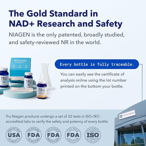مكمل TRU NIAGEN الحاصل على براءة اختراع NAD+ لمكافحة الشيخوخة وتجديد الخلايا، 300 مجم Niagen، 30 وجبة | يدعم الطاقة الخلوية والدماغ والعضلات | نيكوتيناميد ريبوسيد (NR) تناول جرعة واحدة يوميًا | 1 زجاجة in Kuwait