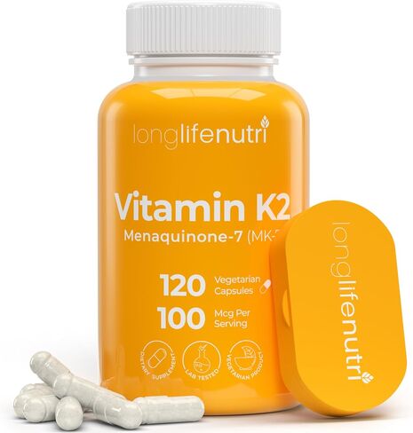 فيتامين K2 MK-7 100 ميكروجرام - دعم غذائي للعظام والدورة الدموية، 120 كبسولة نباتية، كمية تكفي 4 أشهر، تم اختباره معمليًا، صنع في الولايات المتحدة الأمريكية، غير معدل وراثيًا in Saudi Arabia