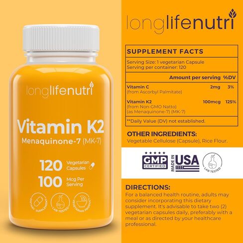 فيتامين K2 MK-7 100 ميكروجرام - دعم غذائي للعظام والدورة الدموية، 120 كبسولة نباتية، كمية تكفي 4 أشهر، تم اختباره معمليًا، صنع في الولايات المتحدة الأمريكية، غير معدل وراثيًا in Saudi Arabia