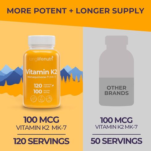 فيتامين K2 MK-7 100 ميكروجرام - دعم غذائي للعظام والدورة الدموية، 120 كبسولة نباتية، كمية تكفي 4 أشهر، تم اختباره معمليًا، صنع في الولايات المتحدة الأمريكية، غير معدل وراثيًا in Saudi Arabia
