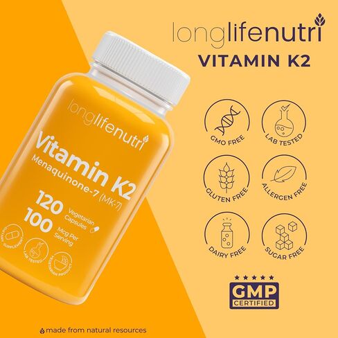 فيتامين K2 MK-7 100 ميكروجرام - دعم غذائي للعظام والدورة الدموية، 120 كبسولة نباتية، كمية تكفي 4 أشهر، تم اختباره معمليًا، صنع في الولايات المتحدة الأمريكية، غير معدل وراثيًا in Saudi Arabia