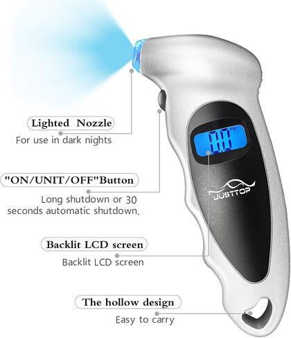 JUSTTOP Digital Tire Pressure Gauge, 150PSI 4 Setting for Cars, Trucks and Bicycles, Backlit LCD and Anti-Skid Grip for Easy and Accurate Reading(Silver) in Saudi Arabia