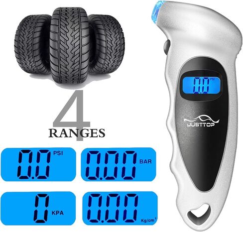JUSTTOP Digital Tire Pressure Gauge, 150PSI 4 Setting for Cars, Trucks and Bicycles, Backlit LCD and Anti-Skid Grip for Easy and Accurate Reading(Silver) in Saudi Arabia