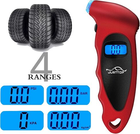 JUSTTOP Digital Tire Pressure Gauge, 150PSI 4 Setting for Cars, Trucks and Bicycles, Backlit LCD and Anti-Skid Grip for Easy and Accurate Reading(Silver) in Saudi Arabia