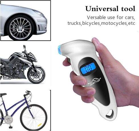JUSTTOP Digital Tire Pressure Gauge, 150PSI 4 Setting for Cars, Trucks and Bicycles, Backlit LCD and Anti-Skid Grip for Easy and Accurate Reading(Silver) in Saudi Arabia