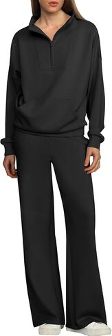 ANRABESS Women 2 Piece Outfits Sweatsuit Quarter Zip Sweatshirt Wide Leg Sweatpants Matching Lounge Set Travel Tracksuit in Saudi Arabia