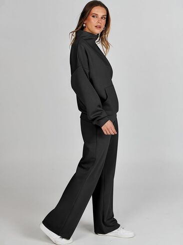 ANRABESS Women 2 Piece Outfits Sweatsuit Quarter Zip Sweatshirt Wide Leg Sweatpants Matching Lounge Set Travel Tracksuit in Saudi Arabia