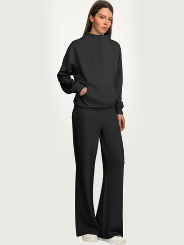 ANRABESS Women 2 Piece Outfits Sweatsuit Quarter Zip Sweatshirt Wide Leg Sweatpants Matching Lounge Set Travel Tracksuit in Saudi Arabia