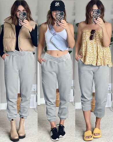 HOPYOP Women's Casual Joggers Pants V Crossover High Waisted Baggy Lounge Bottoms Pants Leggings in Kuwait