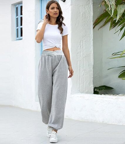 HOPYOP Women's Casual Joggers Pants V Crossover High Waisted Baggy Lounge Bottoms Pants Leggings in Kuwait