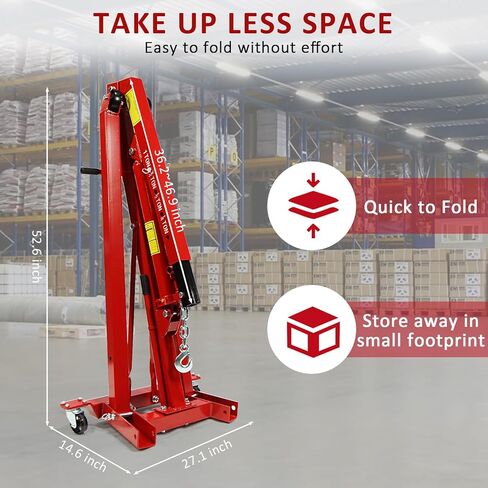 Engine Hoist, 1 Ton Folding Cherry Picker Shop Crane Hoist Lift, Heavy Duty Hydraulic Engine Crane with 4 Casters, Engine Hoist Lever for Engine Lifting Loading (2200 LBS) in Kuwait