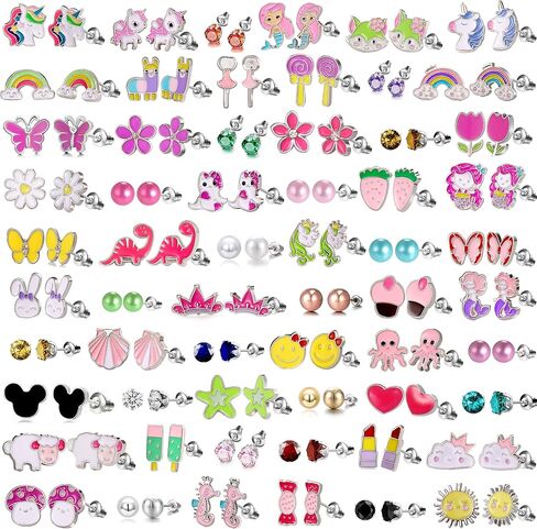 60 Pairs Cute Earrings Set - Hypoallergenic Stainless Steel Studs with Cartoon Characters, Colorful Faux Pearls & Sparkling Cubic Zirconias in Kuwait